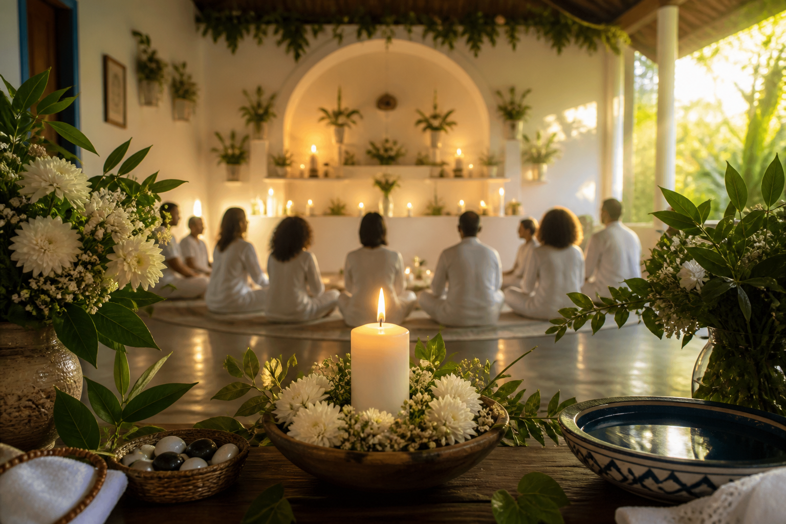 Congá iluminado com flores brancas, folhas verdes, uma vela e pessoas reunidas em um terreiro