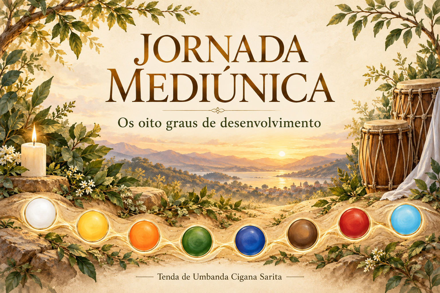 Jornada mediúnica: os oito graus de desenvolvimento da Tenda de Umbanda Cigana Sarita, representados pelas cores branco, amarelo, laranja, verde, azul, marrom, vermelho e azul-claro, com atabaques, vela e folhagens.